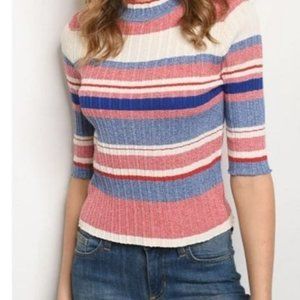 Gilli Striped Fitted Mock Neck Sweater Blue Red Cream Size Large NWT